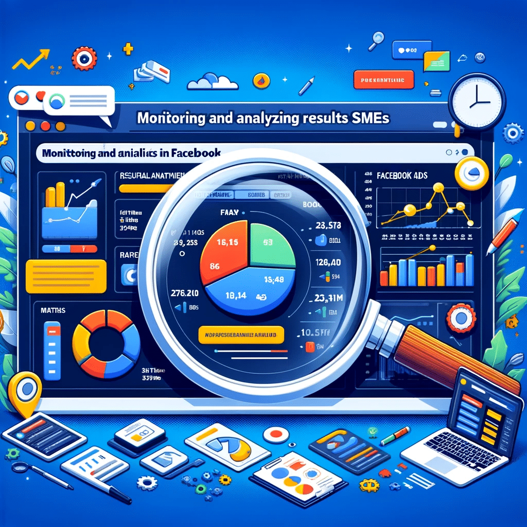 Ilustración de monitoreo y análisis en Facebook Ads con dashboard de analytics y gráficos de rendimiento. | Posiciona.Digital