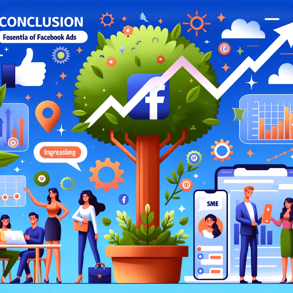 Ilustración del potencial de Facebook Ads para pymes con gráfico de crecimiento, empresarios felices y análisis. | Posiciona.Digital