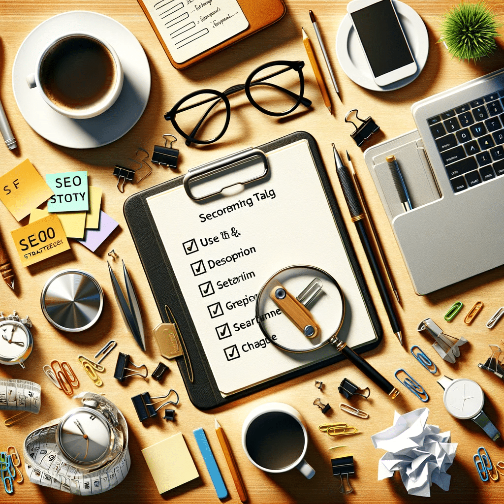 Mesa de trabajo de SEO con enfoque en etiquetas de título y descripción en imágenes, vista cenital. | Posiciona.Digital