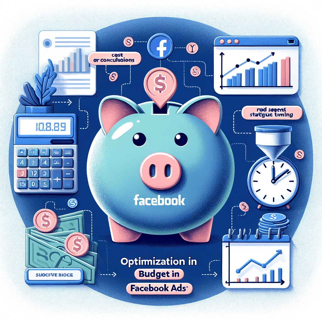 Ilustración de optimización de presupuesto en Facebook Ads con alcancía, calculadora y gráfico de ROI. | Posiciona.Digital