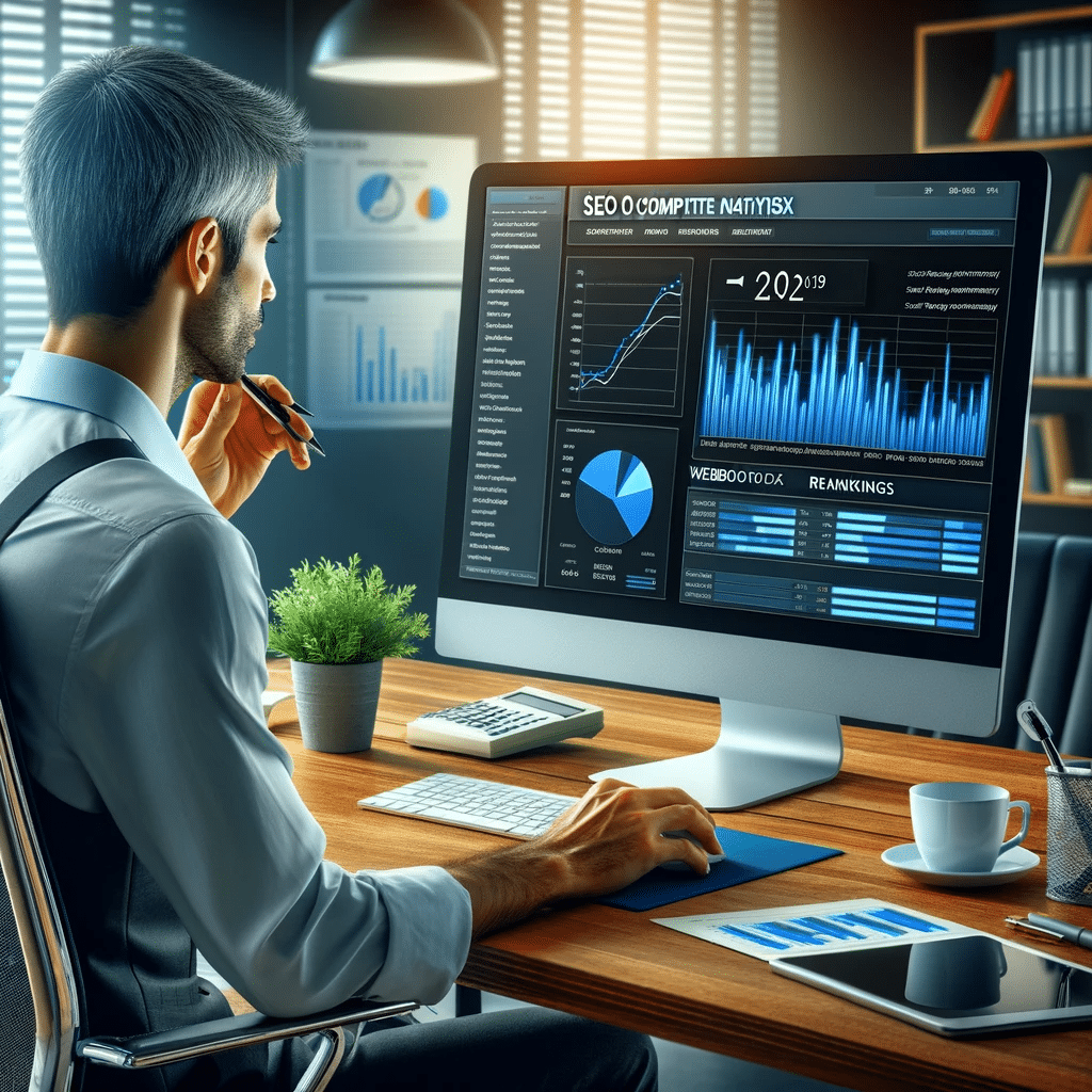 Profesional analizando datos de competencia SEO en computadora. | Posiciona.Digital