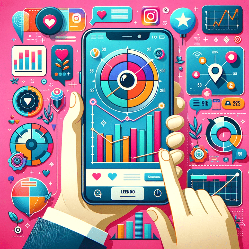 Ilustración de análisis de rendimiento en Instagram con gráficos, smartphone y elementos de interacción, para marketing digital | Posiciona.Digital