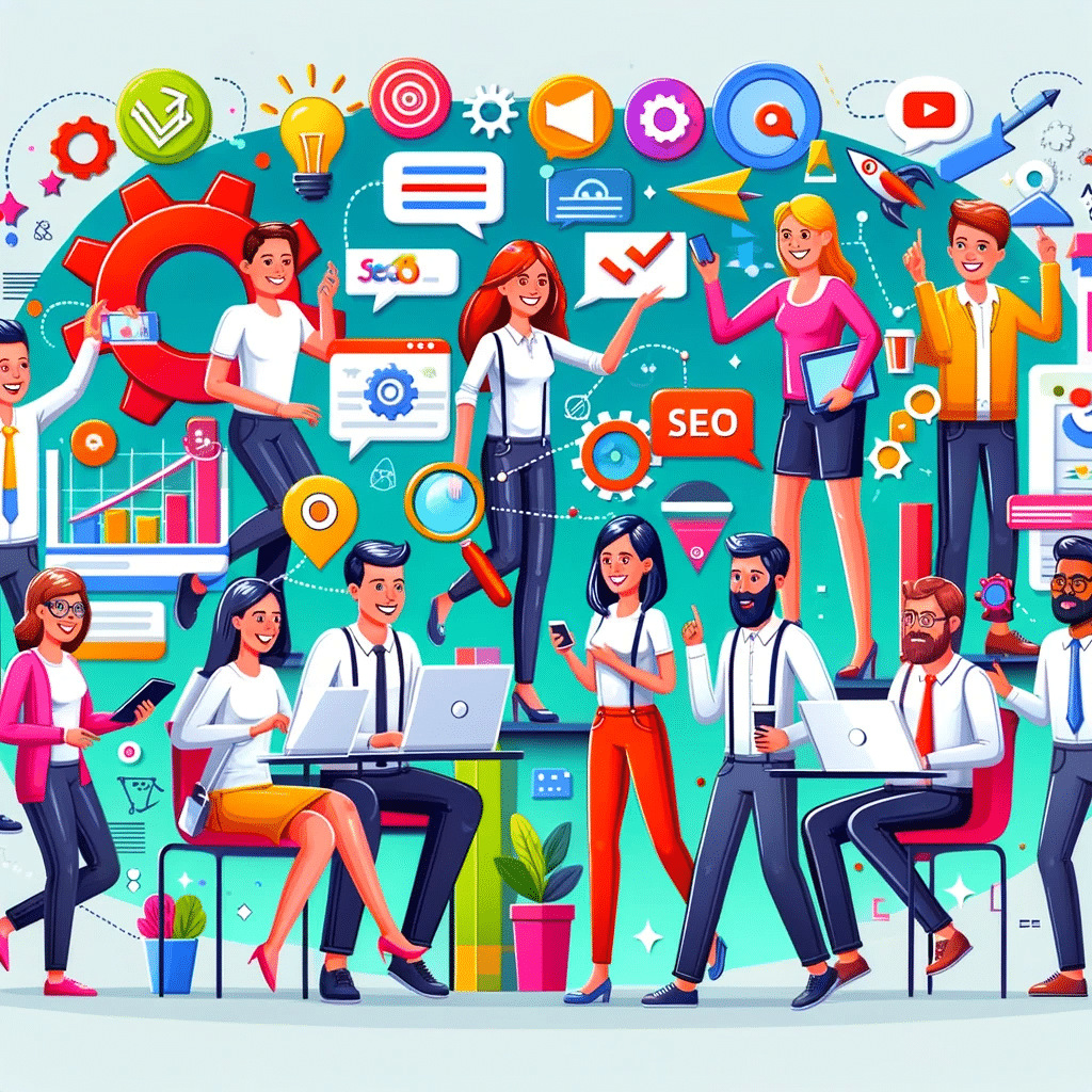 Ilustración colorida de colaboración en marketing digital con énfasis en experiencia de usuario y SEO | Posiciona.Digital