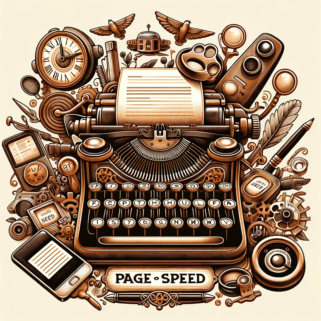 Ilustración vintage de mejora de velocidad de página con elementos de SEO en tonos sepia | Posiciona.Digital