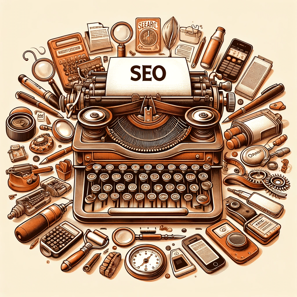 Ilustración vintage de SEO con máquina de escribir y tecnología moderna, en tonos sepia | Posiciona.Digital