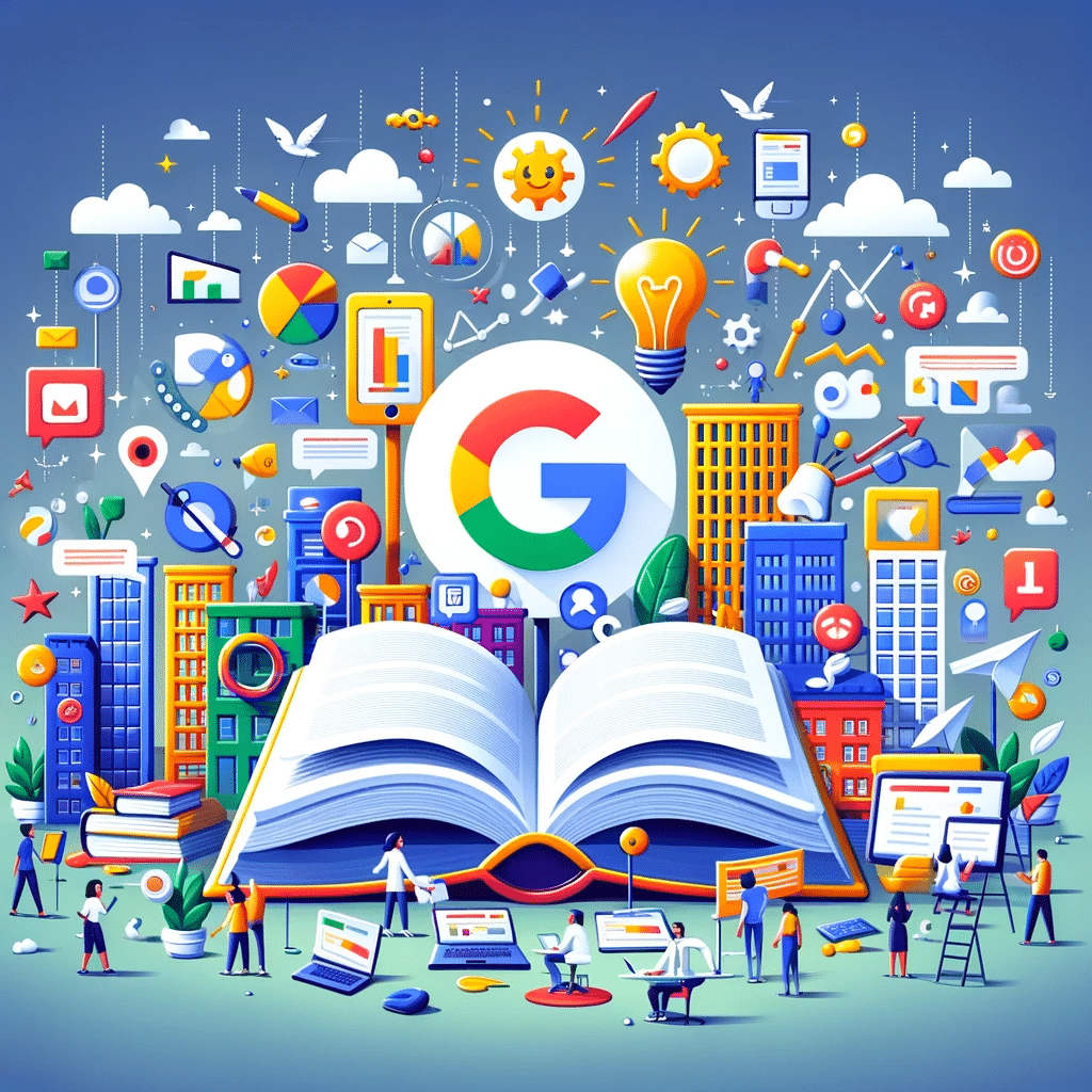 Ilustración de marketing digital con libro de Google Ads y elementos de publicidad para empresas emergentes | Posiciona.Digital