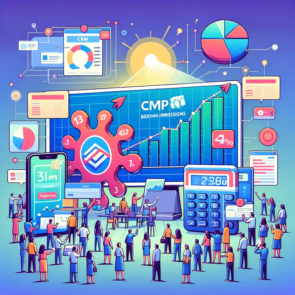 Ilustración sobre la estrategia de puja mil impresiones CPM en marketing digital, con billboard y gráficos de impresiones. | Posiciona.Digital
