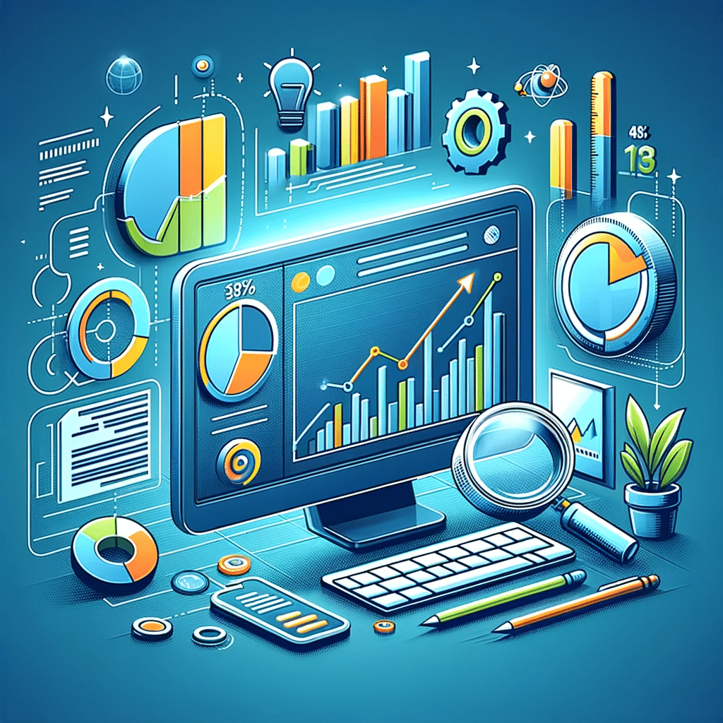 Ilustración con pantalla de computadora mostrando análisis de datos, lupa y gráficos, para medir estrategias de contenido en marketing digital | Posiciona.Digital