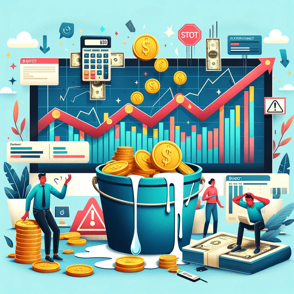 Ilustración sobre la gestión de presupuesto en marketing digital, con gráficos de costos y símbolos de advertencia. | Posiciona.Digital