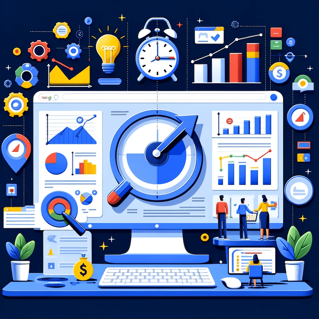 Ilustración de análisis de crear una campaña en Google AdWords con pantalla de computadora y gráficos | Posiciona.Digital