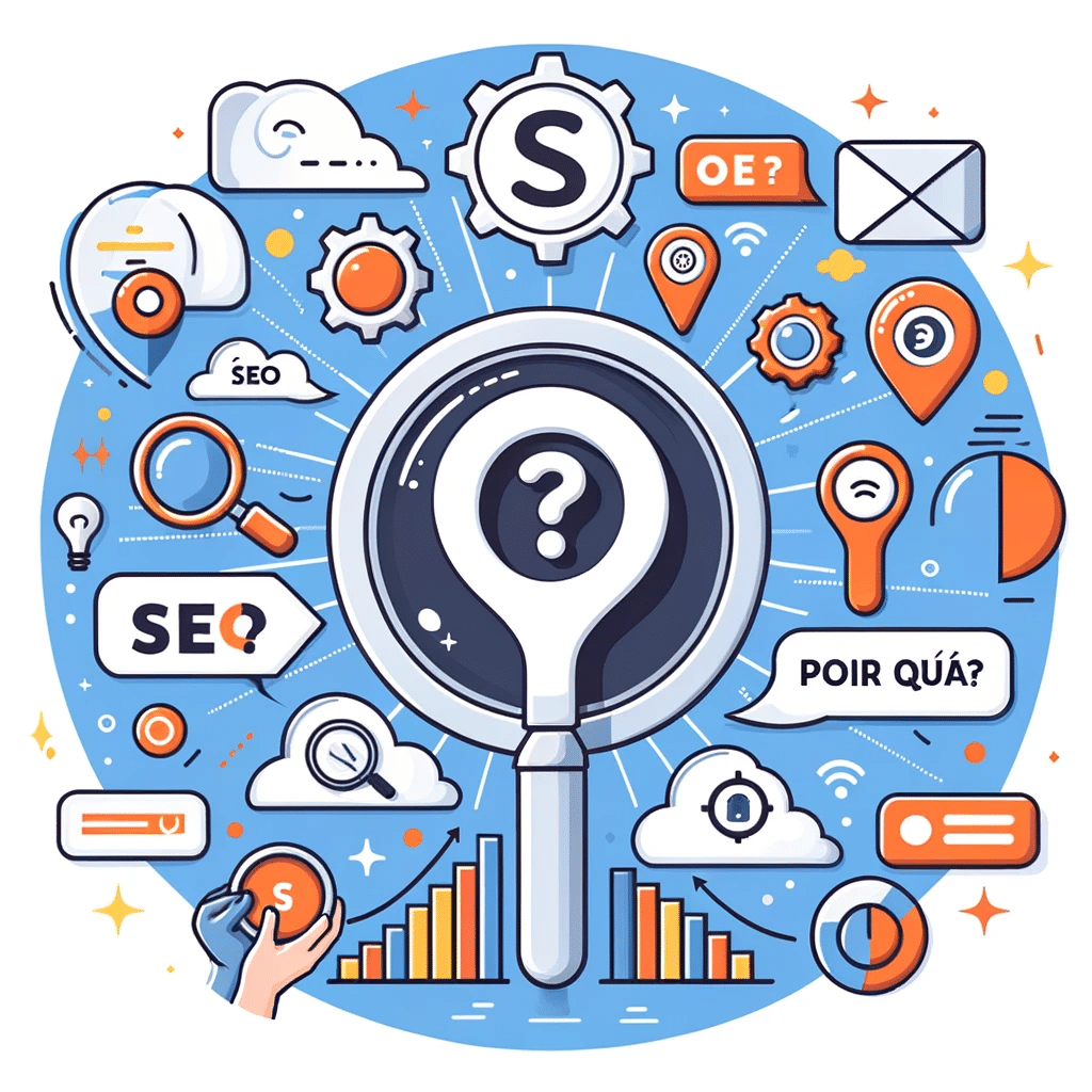 Signo de interrogación rodeado de iconos SEO, destacando la importancia de guía de SEO (Search Engine Optimization) en marketing digital. | Posiciona.Digital
