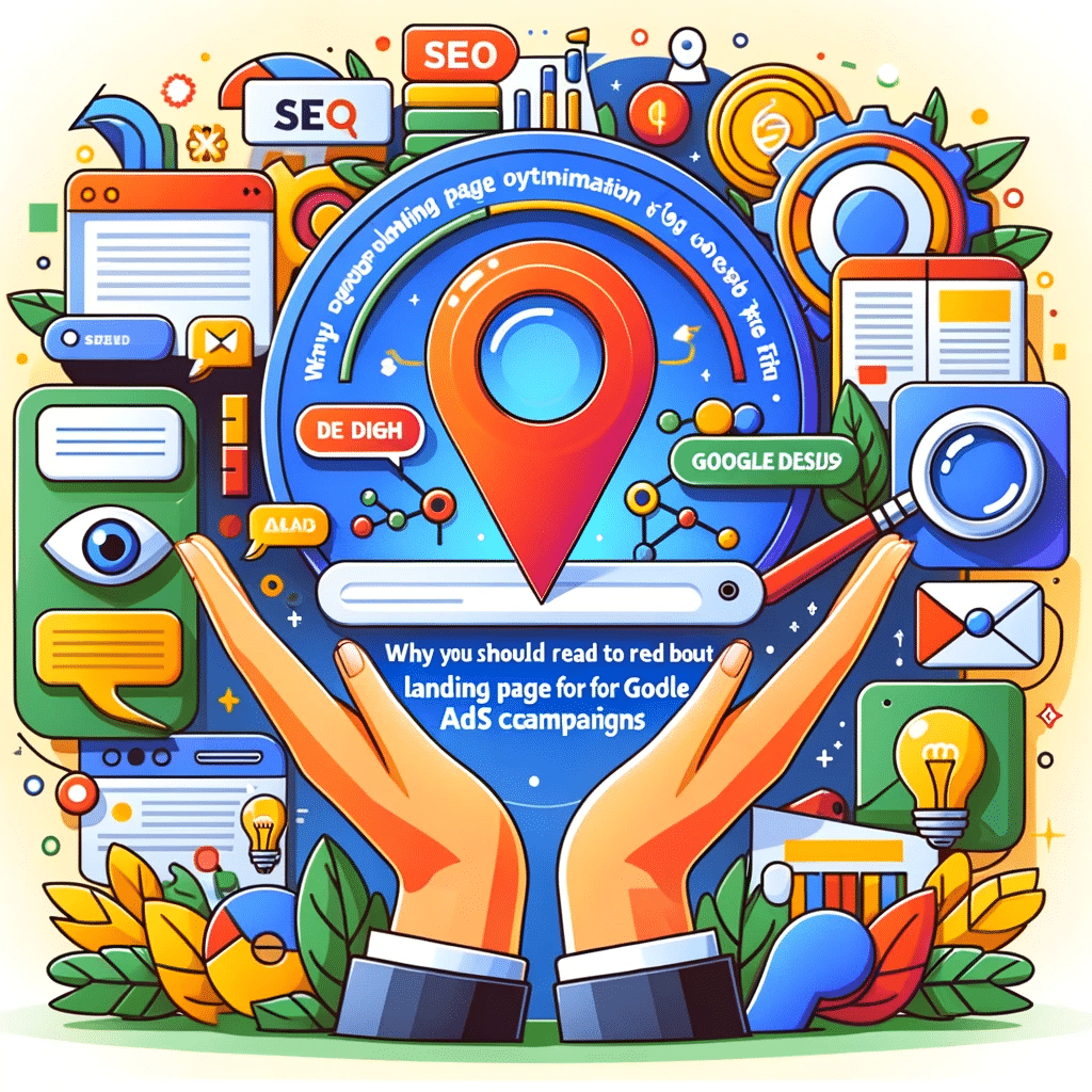 Ilustración colorida mostrando el valor de optimizar landing pages para Google Ads, con íconos de SEO y marketing digital | Posiciona.Digital
