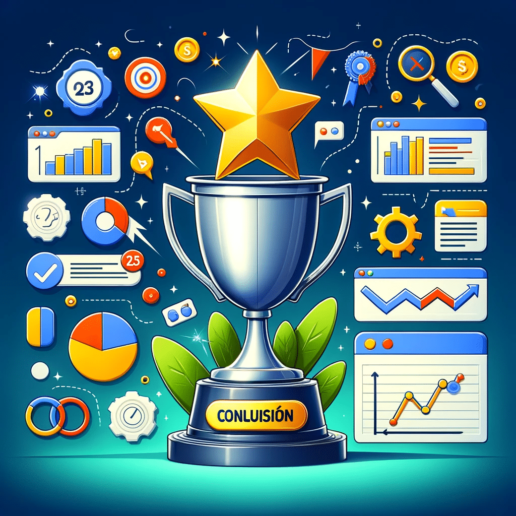 Trofeo y gráficos de éxito simbolizando la optimización de campañas de Google Ads. | Posiciona.Digital