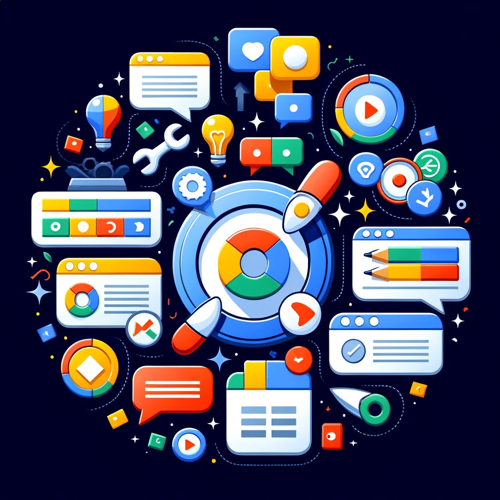 Ilustración mostrando diversos tipos de extensiones de anuncios en Ads, con íconos y gráficos en un estilo moderno y atractivo. | Posiciona.Digital