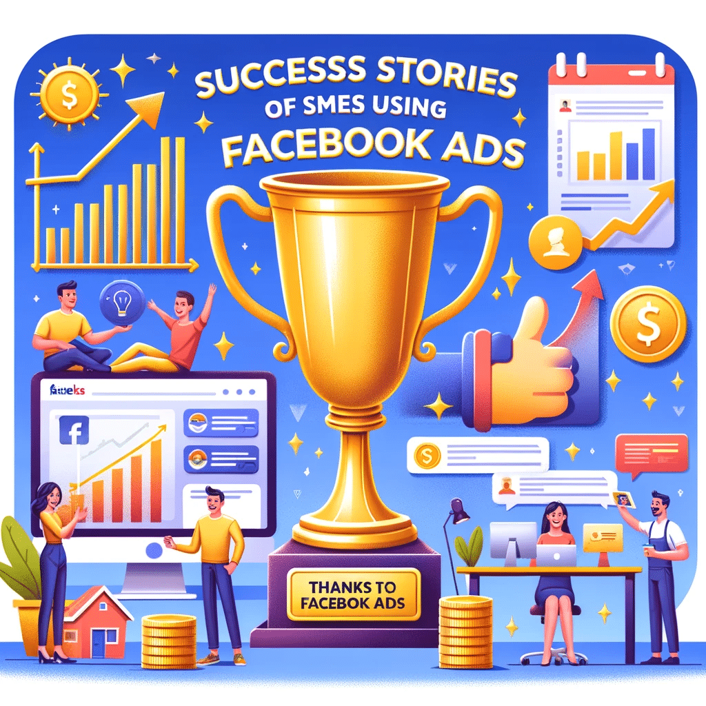 Ilustración de éxito en Facebook Ads con trofeo, gráficos de crecimiento y pymes beneficiadas por la publicidad y descarga. | Posiciona.Digital