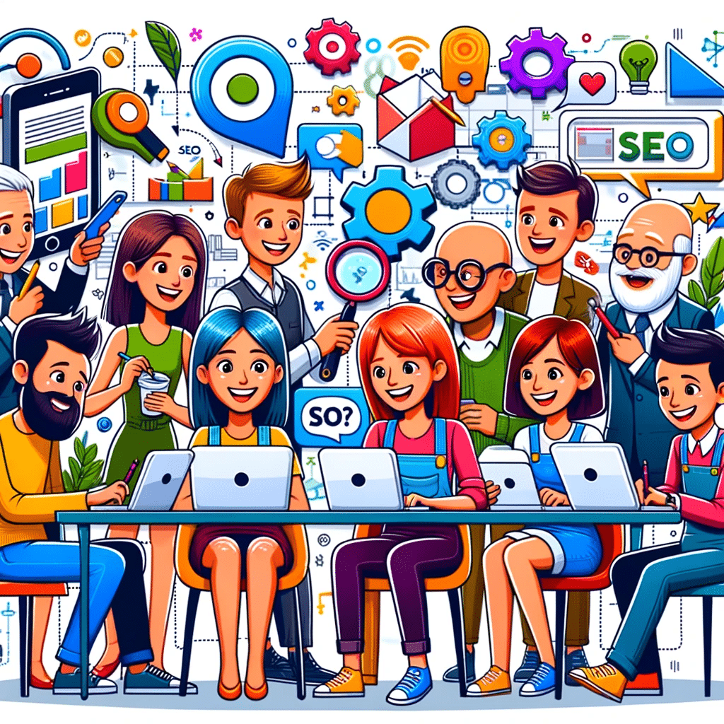 Ilustración colorida de colaboración en marketing digital con enfoque en palabras clave en contenido multimedia | Posiciona.Digital
