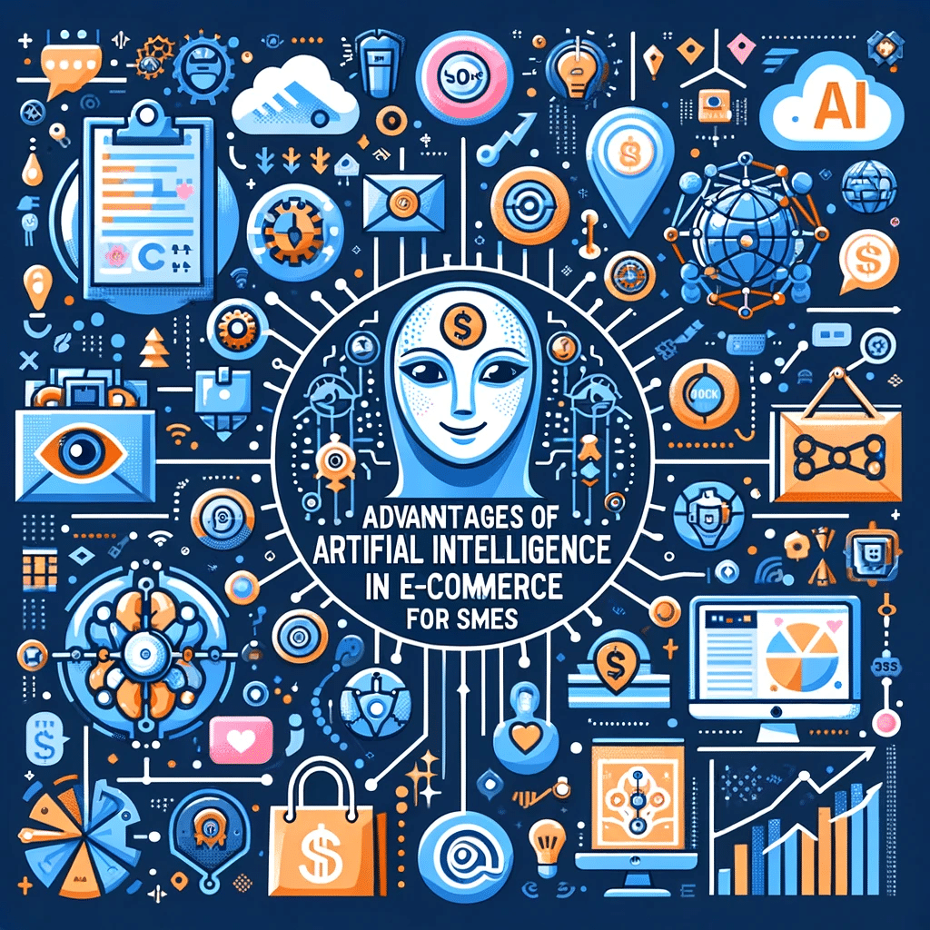 Ilustración de beneficios de IA en e-commerce para pymes, con enfoque en marketing digital. Herramientas de IA | Posiciona.Digital