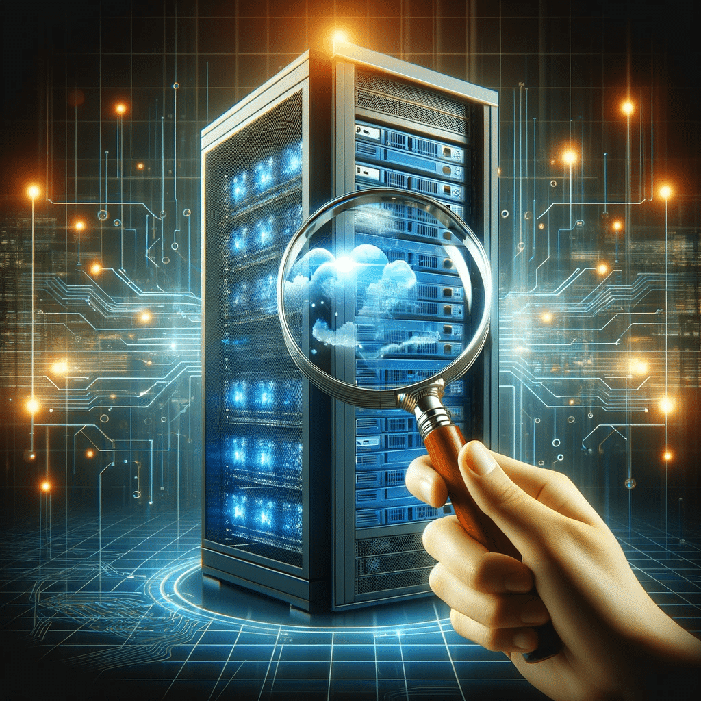 Lupa sobre servidor destacando la importancia del hosting en el mundo digital. | Posiciona.Digital