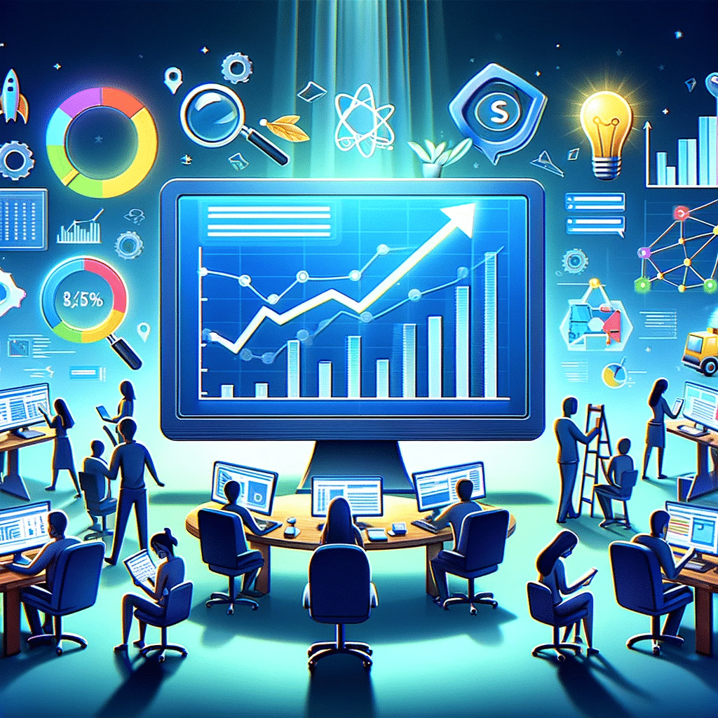 Pantalla con datos de SEO para startups  y herramientas de análisis, personajes evaluando estrategias para éxito en SEO. | Posiciona.Digital