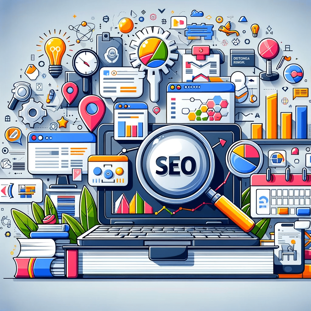 Ilustración de herramientas SEO con caja de herramientas digital, software y libros | Posiciona.Digital