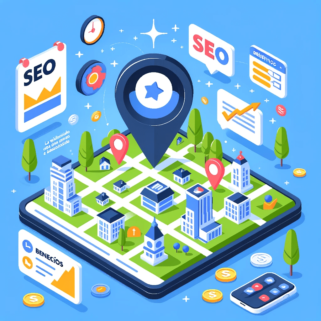 Mapa con pines de negocios locales y lupa, representando los beneficios del cómo hacer SEO local. | Posiciona.Digital