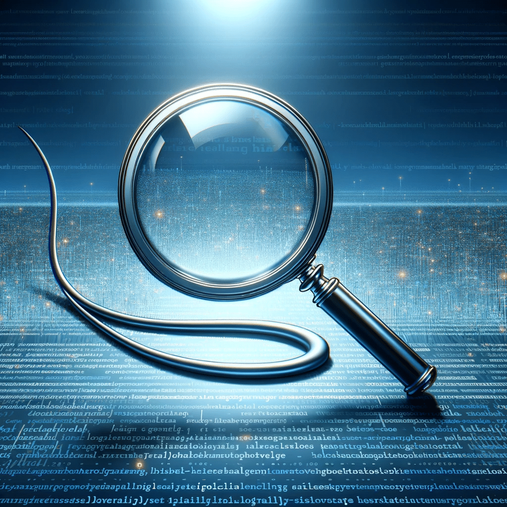 Lupa enfocando una cola larga sobre un paisaje digital, simbolizando la búsqueda detallada de palabras clave long tail en la estrategia SEO | Posiciona.Digital