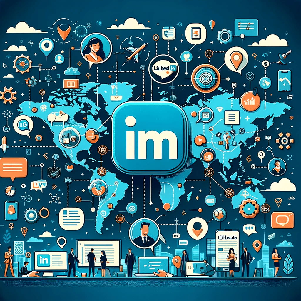 Representación estilizada de LinkedIn con iconos de pymes y conexiones, rodeada de gráficos de red y crecimiento empresarial. | Posiciona.Digital