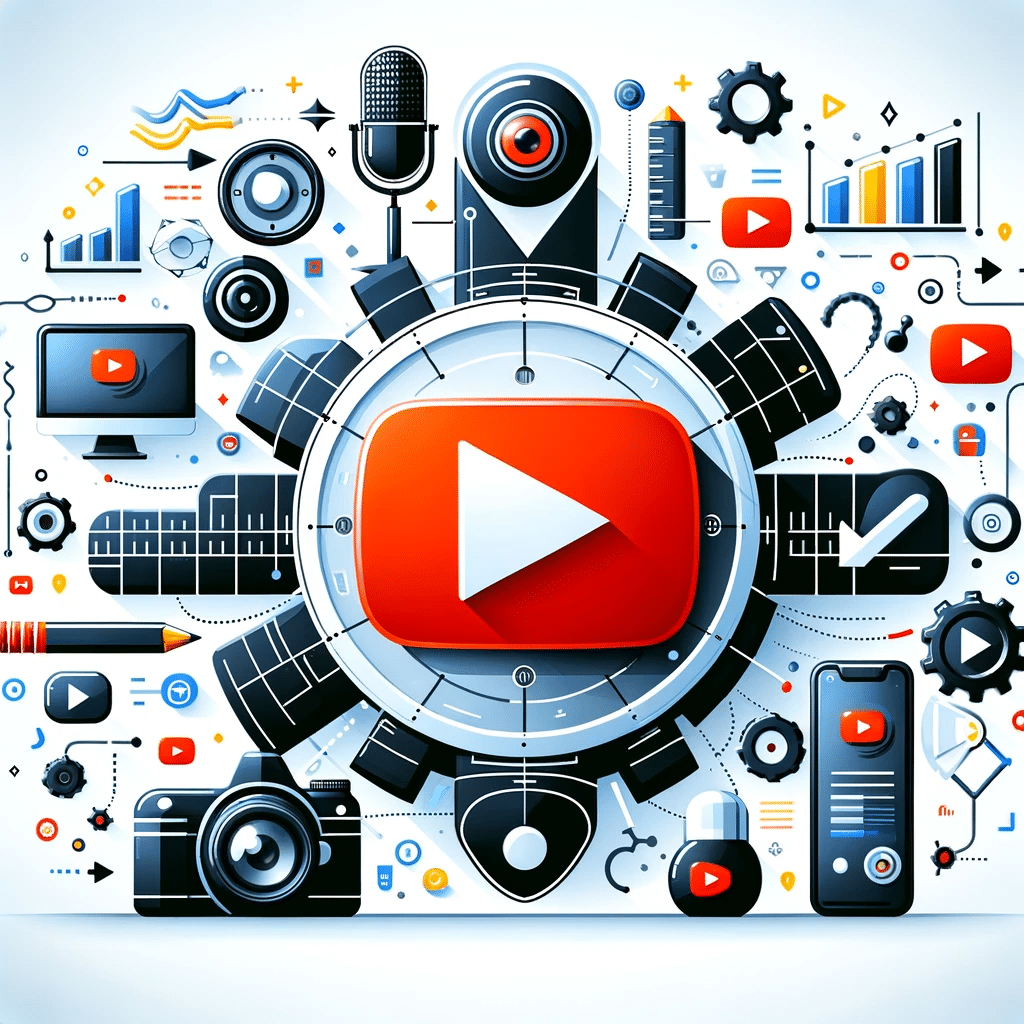 Ilustración con icono de YouTube, cámara, micrófono y símbolos SEO, enfocando la optimización de videos | Posiciona.Digital