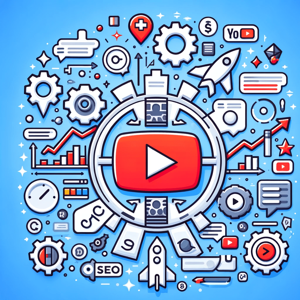 Ilustración de YouTube con elementos de SEO, lupa en etiquetas y flechas de ranking, para optimización de videos | Posiciona.Digital