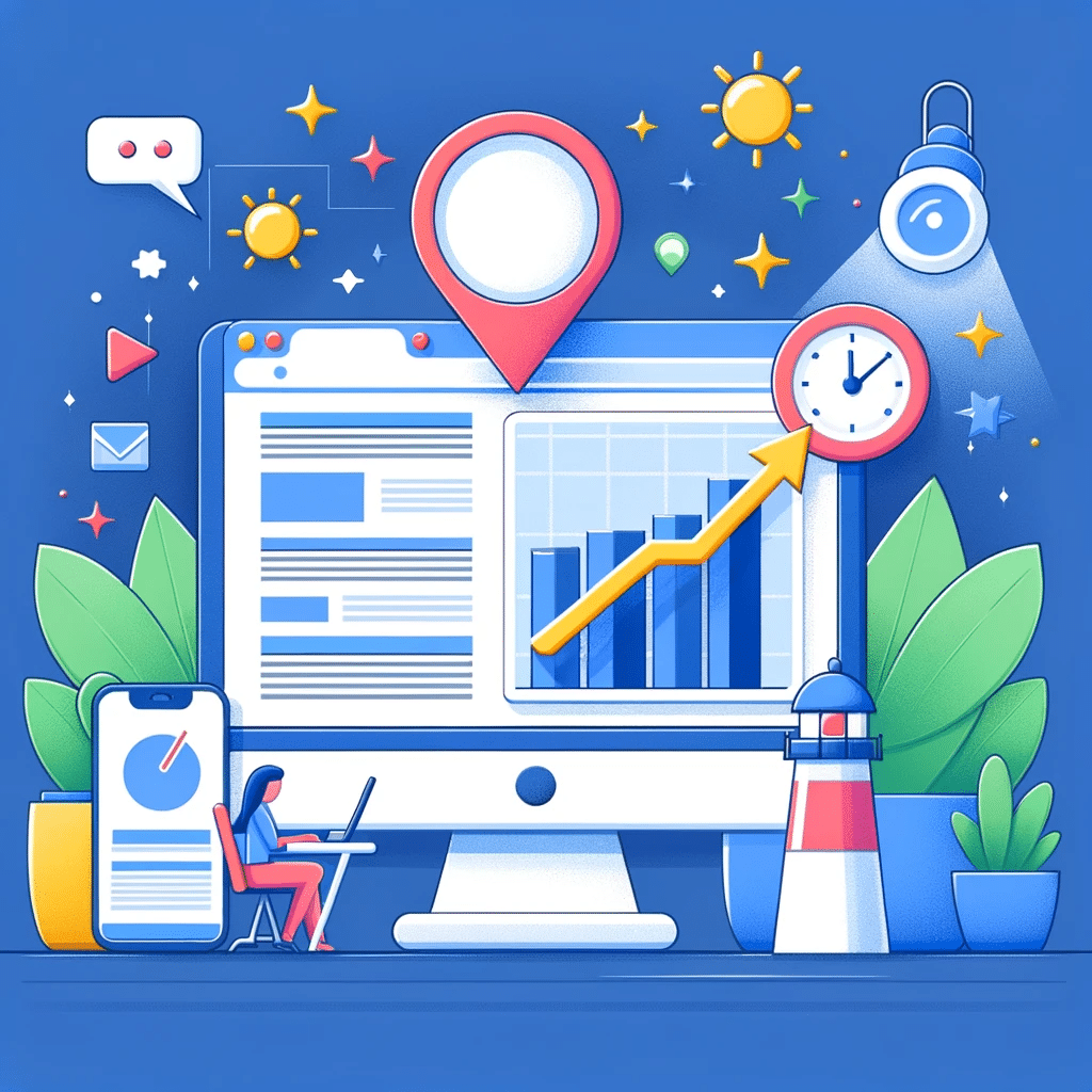 Ilustración de snippet destacado en SEO con gráfico de tráfico y faro para visibilidad. | Posiciona.Digital