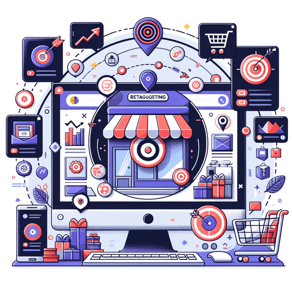 Tienda online con flechas de remarketing, carritos llenos y gráficos de ventas, mostrando beneficios del retargeting. E commerce | Posiciona.Digital
