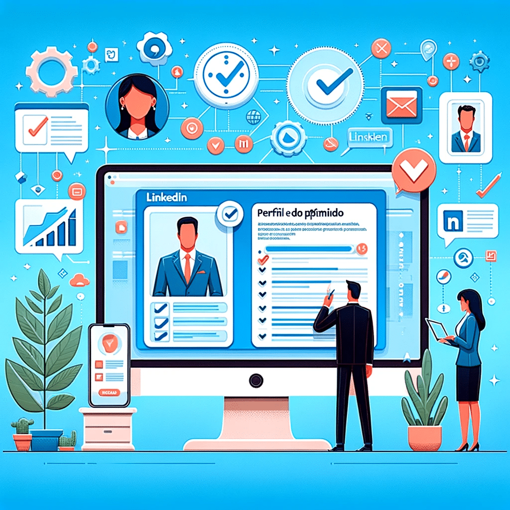 Pantalla de ordenador mostrando un perfil de LinkedIn optimizado, rodeado de elementos de networking y crecimiento digital. | Posiciona.Digital