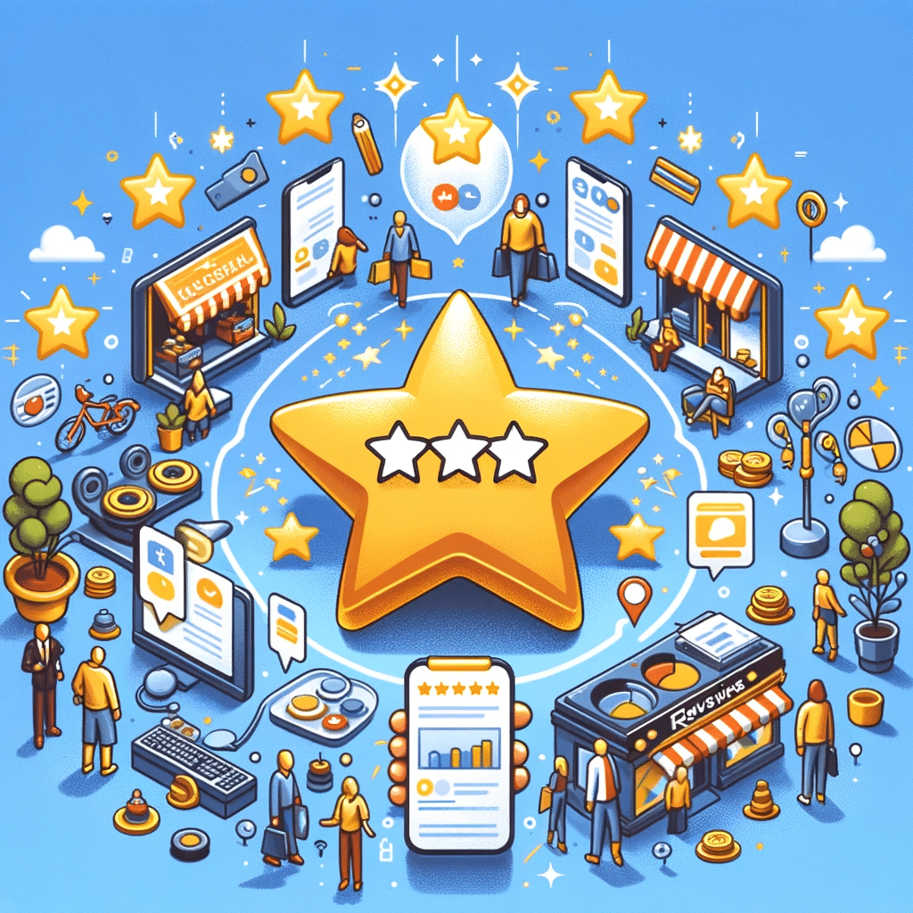 Ilustración de un imán atrayendo figuras de pequeñas empresas, con dispositivos mostrando reseñas de cinco estrellas, simbolizando el poder de las reseñas online. Google | Posiciona.Digital