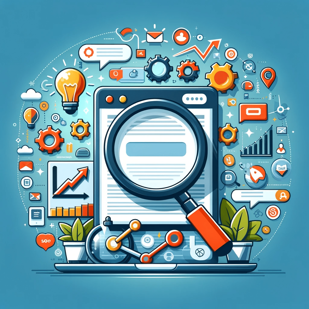 Ilustración de SEO con lupa sobre web, iconos de marketing digital y gráficos de crecimiento, estilo moderno y amigable | Posiciona.Digital