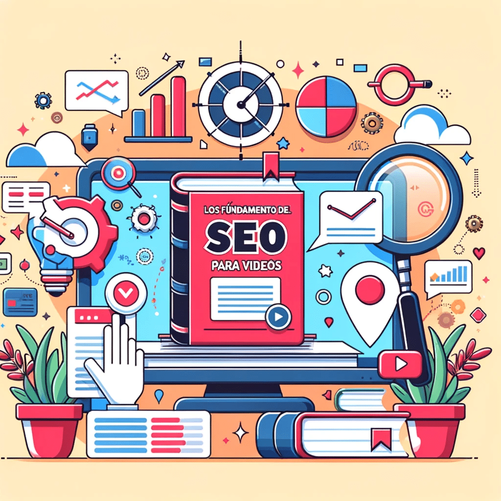 Ilustración sobre SEO para videos con libro, claqueta y elementos de análisis, para marketing digital. SEO para Youtube | Posiciona.Digital