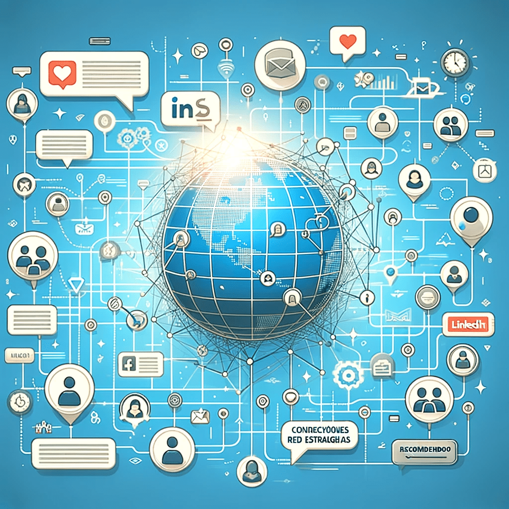 Globo terráqueo rodeado de iconos conectados, simbolizando una red de contactos estratégica en LinkedIn. | Posiciona.Digital