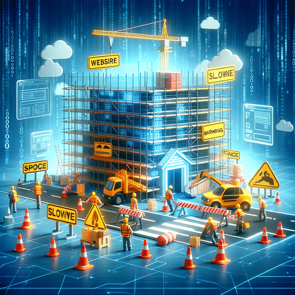 Sitio web como edificio en construcción simboliza consecuencias de espacio y ancho de banda insuficientes | Posiciona.Digital