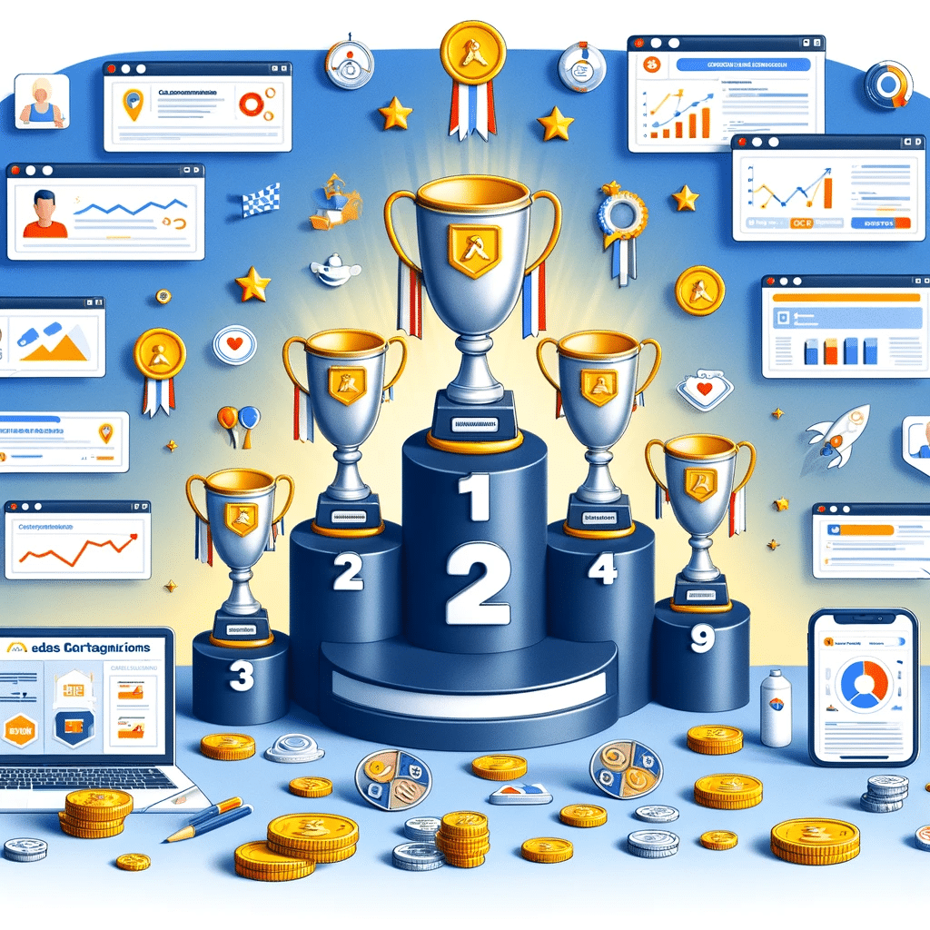 Galería de trofeos y medallas de empresas exitosas en retargeting, con gráficos de crecimiento y testimonios. | Posiciona.Digital