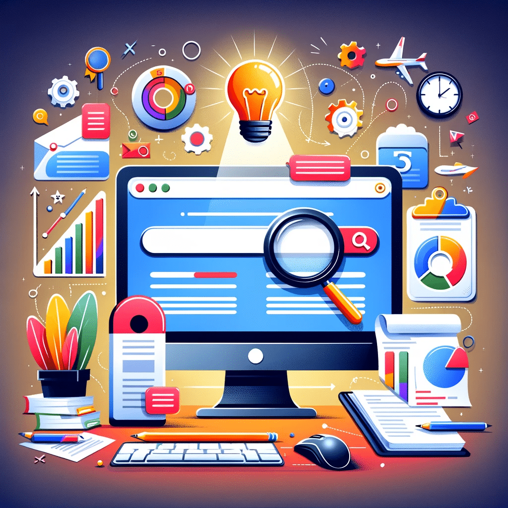 Ilustración sobre snippets destacados en SEO con pantalla de computadora y elementos de marketing digital. Featured snippet | Posiciona.Digital
