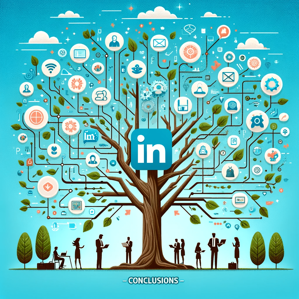 Árbol con raíces y ramas de conexiones de LinkedIn, simbolizando el crecimiento de la red de negocios de una pyme. Bienvenida de cambios en el mercado. | Posiciona.Digital