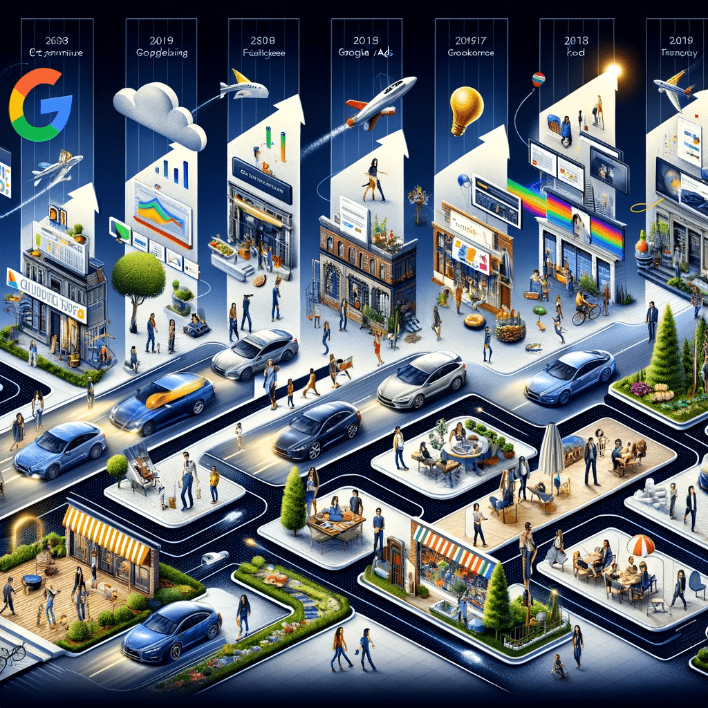 Montaje de industrias como moda, tecnología y alimentación mostrando crecimiento y éxito a través de Google Ads, destacando el aumento de visibilidad y ventas. Correos electrónicos y redes sociales para marketing | Posiciona.Digital