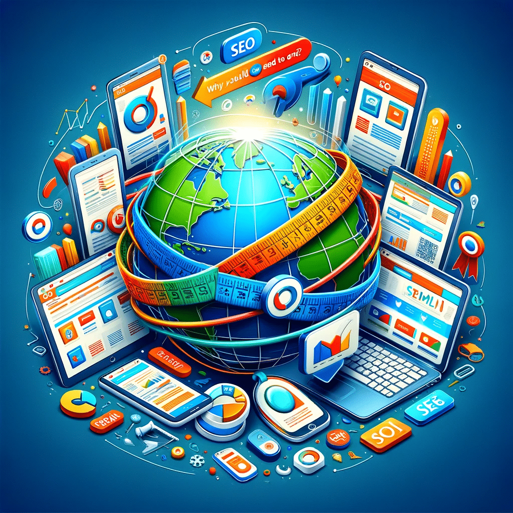 Ilustración de estrategia SEO internacional con globo y dispositivos digitales, mostrando elementos clave de SEO en un estilo moderno y amigable. Segmentación Link Rel Alternate Hreflang| Posiciona.Digital