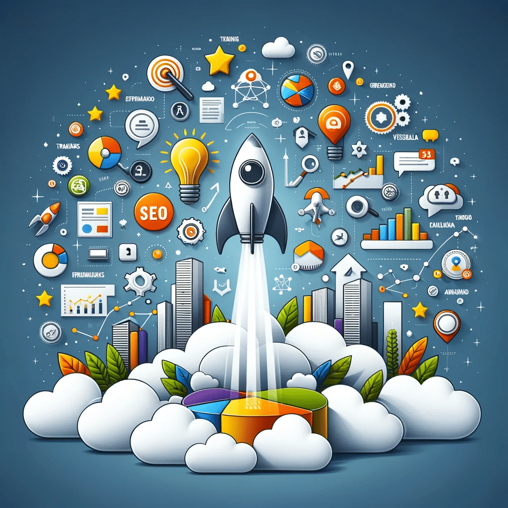 Cohete startup despegando desde SEO con íconos de tráfico web, simbolizando el éxito de estrategias SEO. | Posiciona.Digital