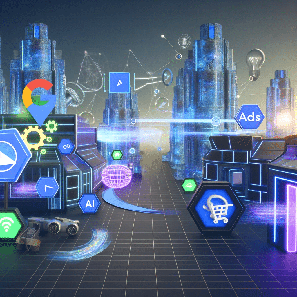 Paisaje futurista de comercio electrónico con realidad aumentada, búsquedas por voz y recomendaciones AI, mostrando el papel de Google Ads en la innovación. | Posiciona.Digital