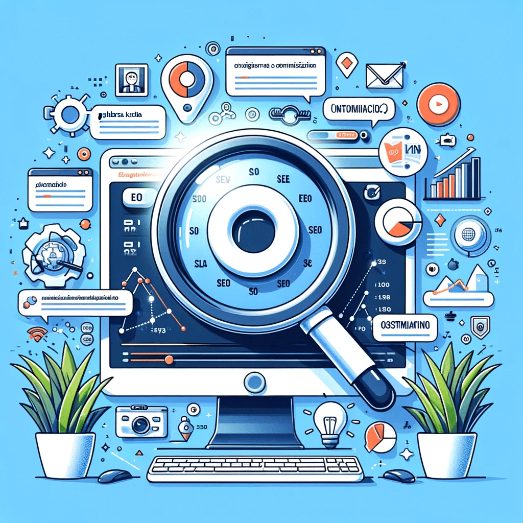 Ilustración con lupa sobre palabras clave y gráficos de SEO para optimización de videos en marketing digital | Posiciona.Digital