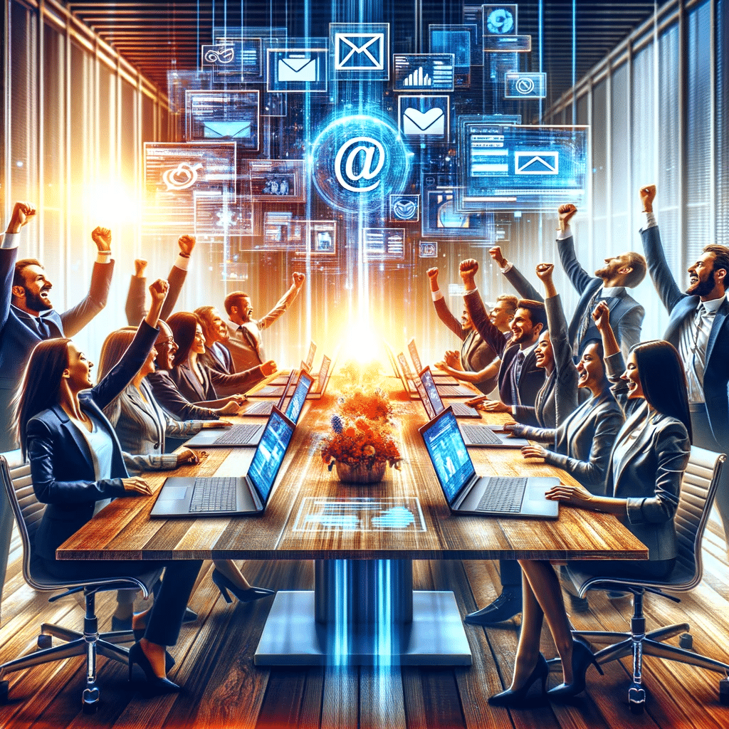 Equipo de negocios celebrando éxito con correos de dominio personalizado. | Posiciona.Digital