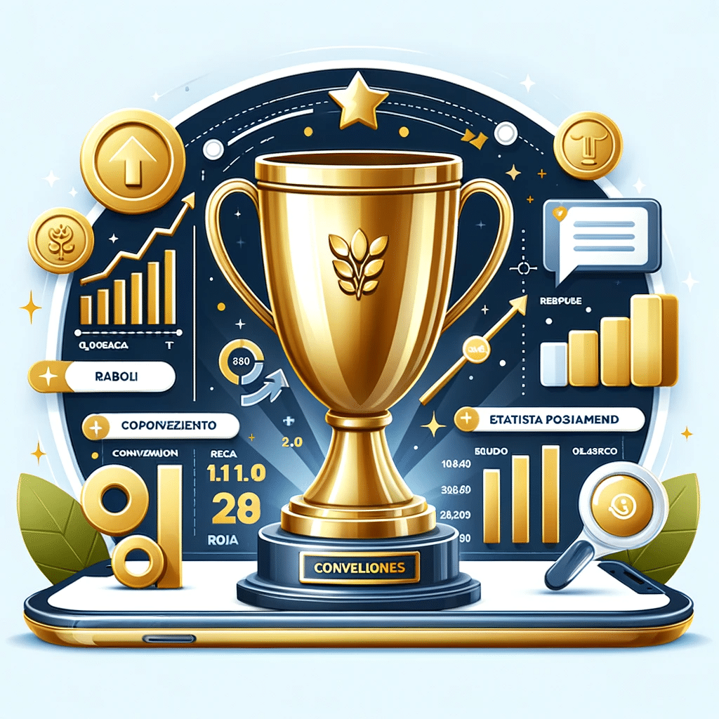 Trofeo dorado rodeado de elementos de marketing digital, simbolizando el éxito en la conversión y el crecimiento del negocio del cliente. | Posiciona.Digital