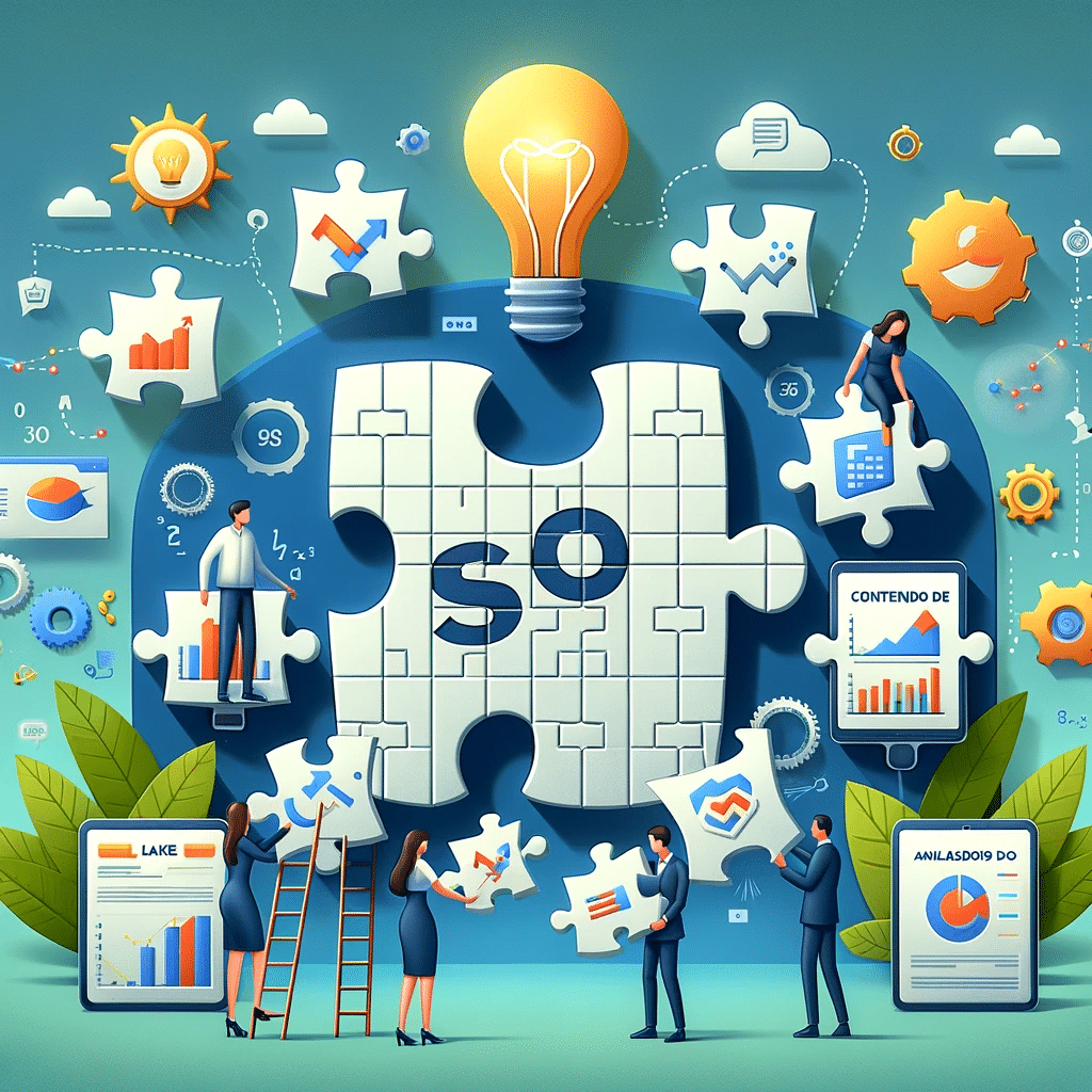 Puzzle de SEO para startups trabajando en investigación de palabras clave y enlaces, mostrando crecimiento orgánico y éxito. | Posiciona.Digital