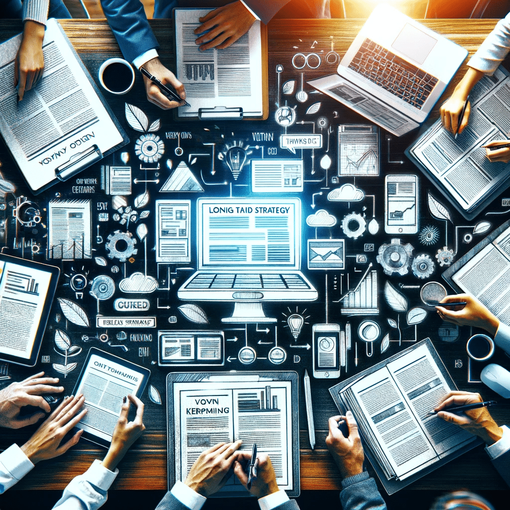Creadores de contenido en una lluvia de ideas alrededor de una mesa con documentos y dispositivos digitales, integrando palabras clave long tail en su estrategia de contenido | Posiciona.Digital