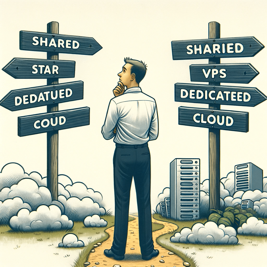 Empresario en encrucijada eligiendo tipo de hosting | Posiciona.Digital